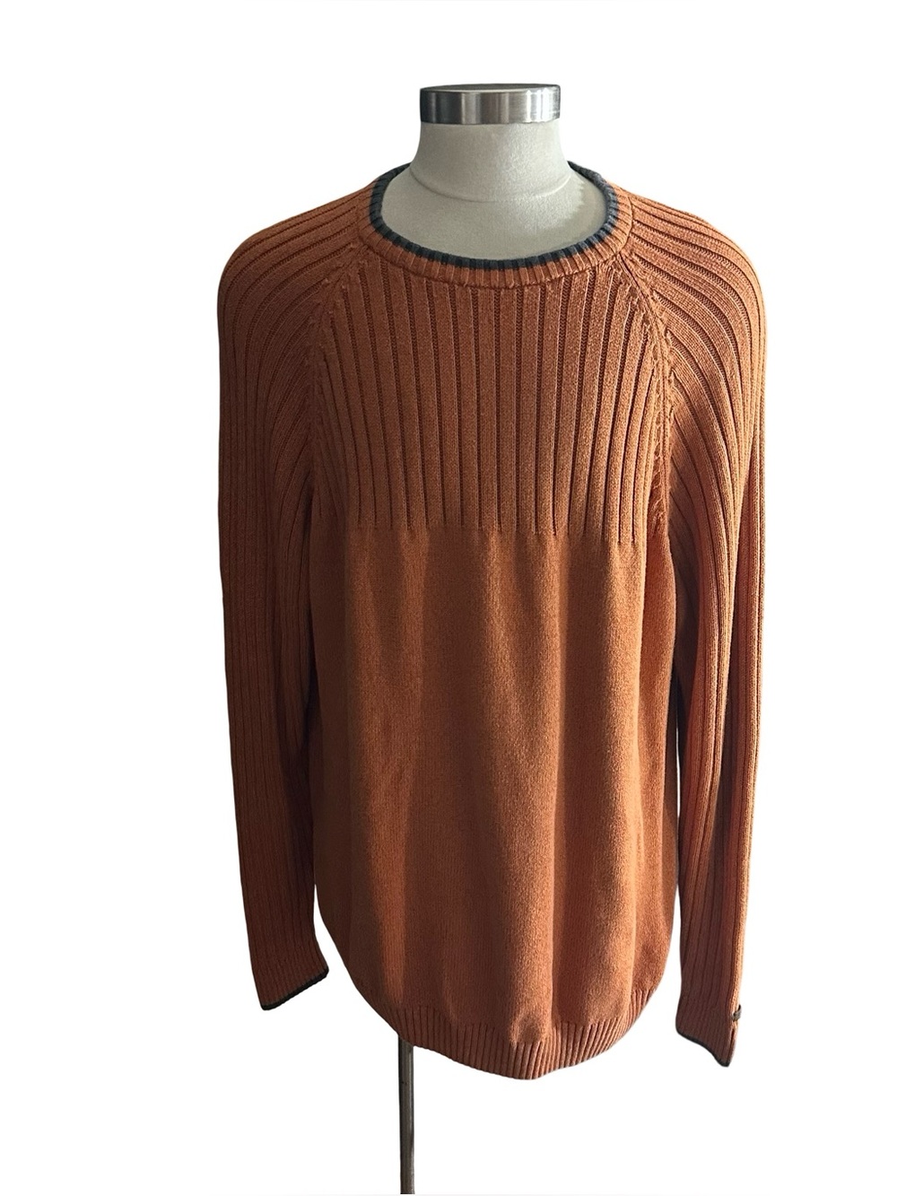 Vtg Columbia Men Orange Ribbed Knit 100% Cotton Crewneck Pullover Sweater Sz 4XB